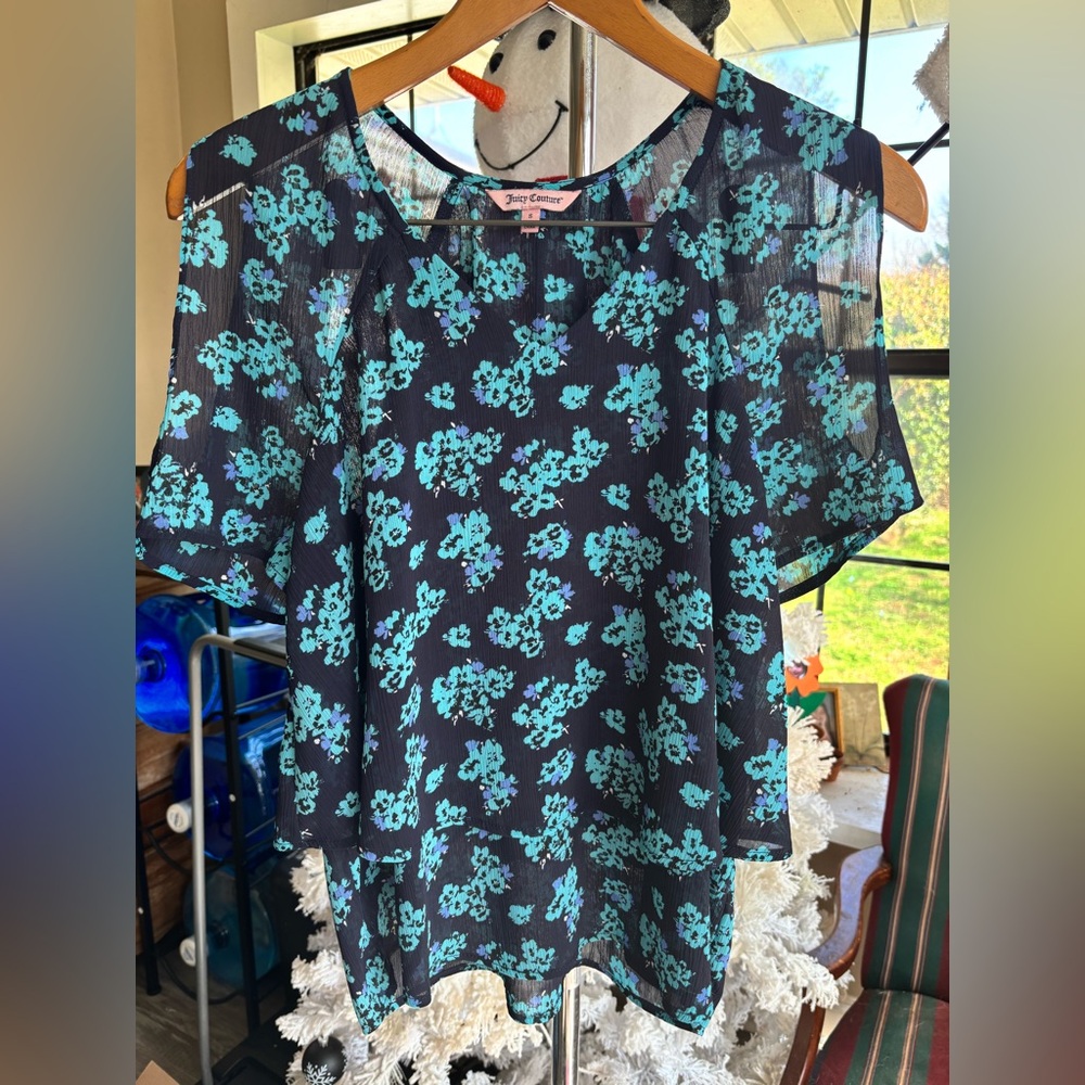 Juicy Couture Blue Floral Sheer Cold Shoulder blouse- size Small